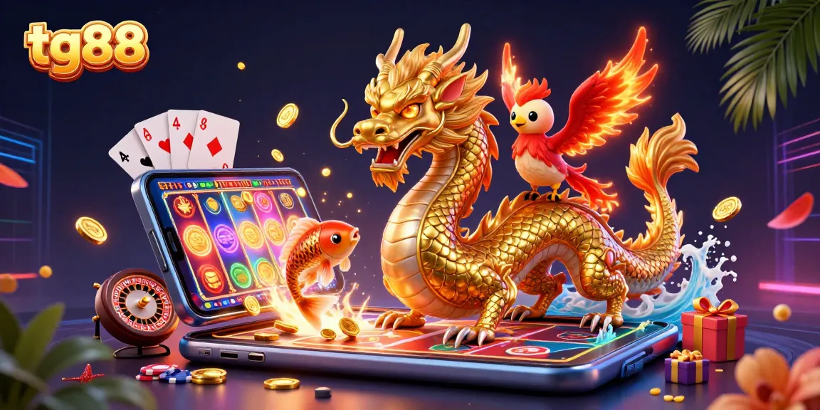 Engage in thrilling betting with tg88's 3D features of a golden dragon and interactive sports elements.