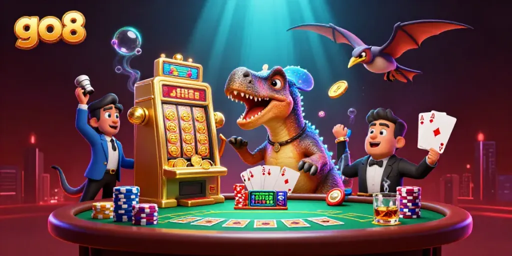 Go8 action-packed scene with dinosaurs interacting around a golden slot machine and flying coins.