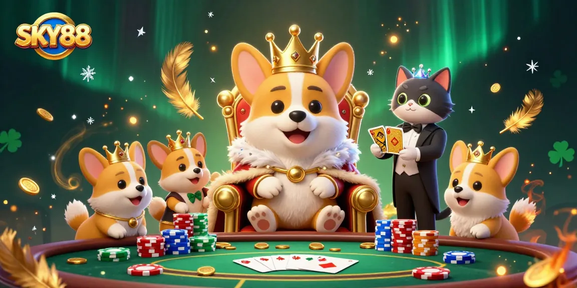 Engage in thrilling poker action at SKY88 with cartoon characters, golden cards, and vibrant casino elements.