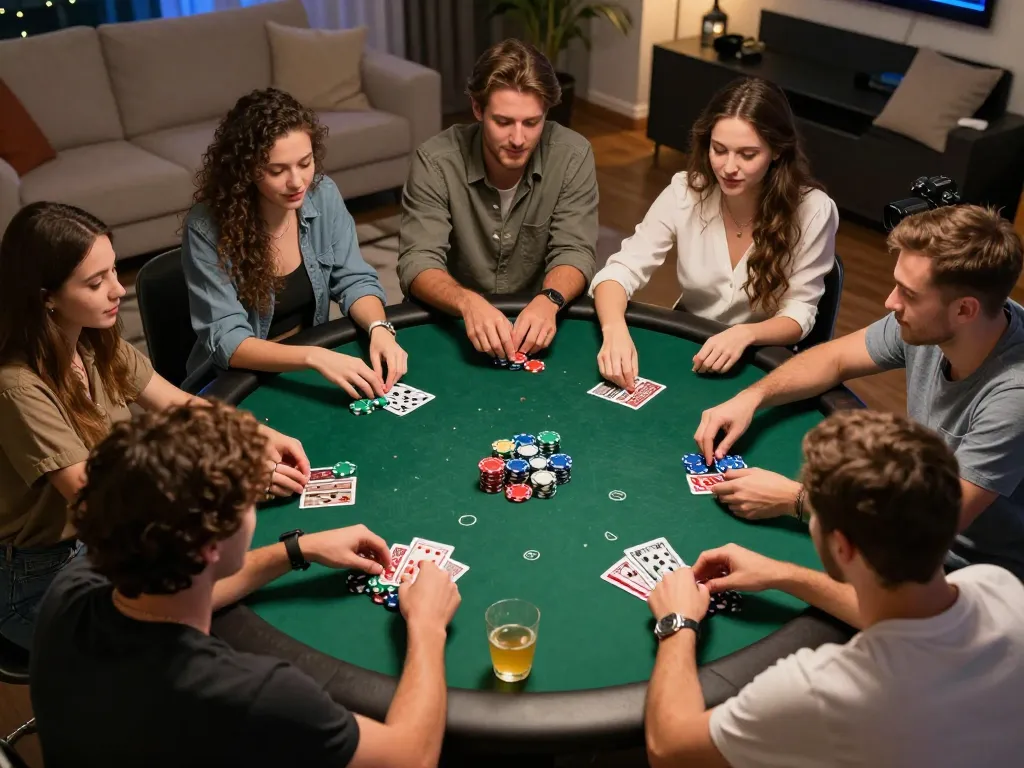Soirée de poker engageante entre amis mettant en avant le retrait rapide de casino dans une atmosphère conviviale à la maison