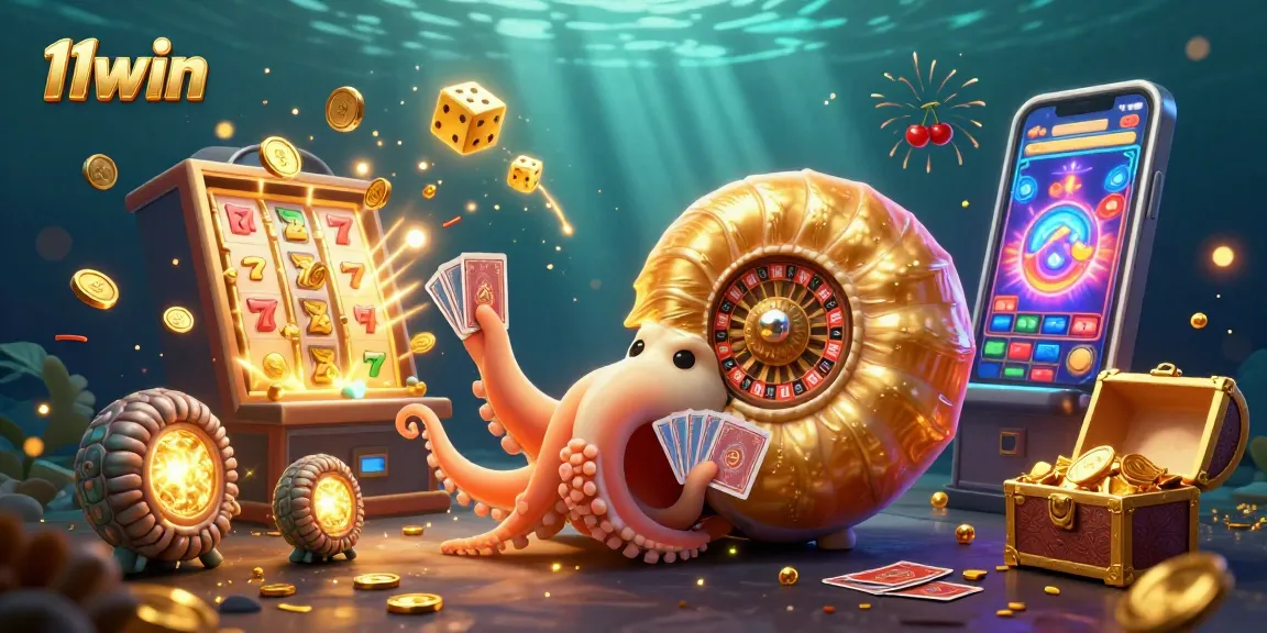 Experience the thrill of 11win with a vibrant 3D casino scene featuring an ancient nautilus and jackpot explosion.