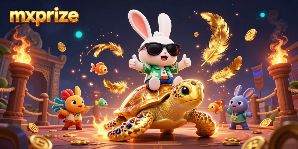 Experience exciting gameplay with mxprize as a lucky rabbit and golden sea turtle celebrate victory amid dazzling casino elements.