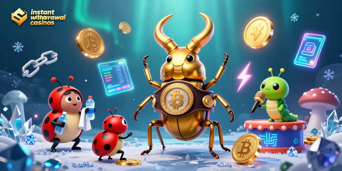 Experience instant withdrawal casinos with vibrant 3D cartoon characters and blockchain elements.