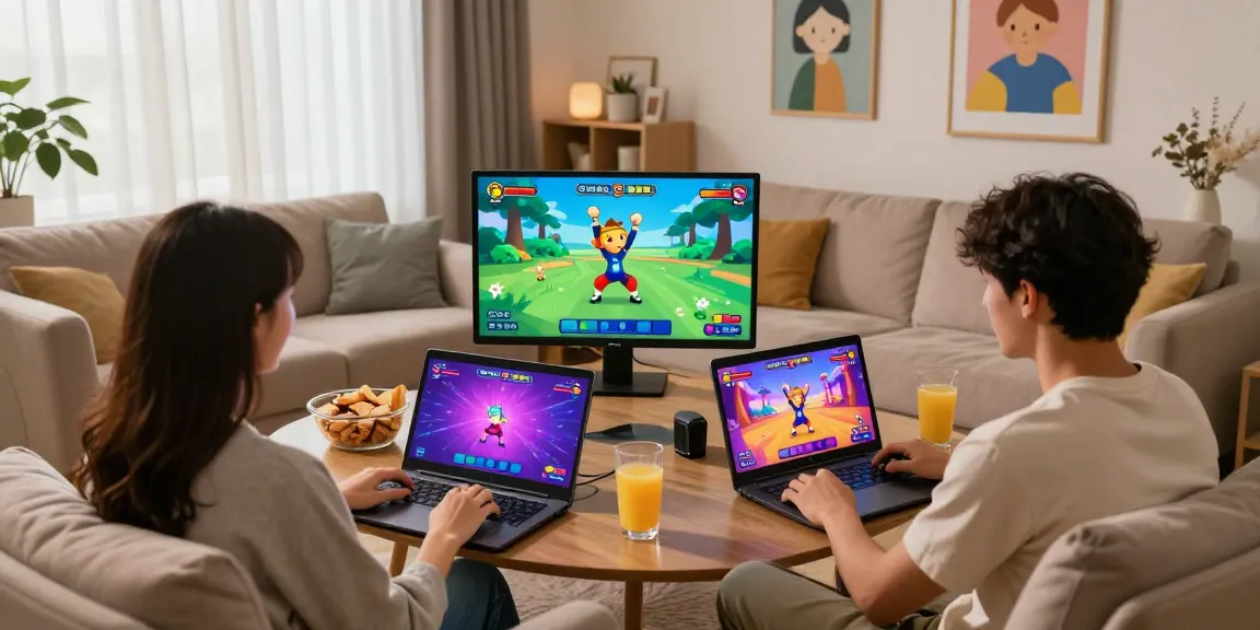 Couple enjoying engaging HTML sex games on various devices in a cozy living room.