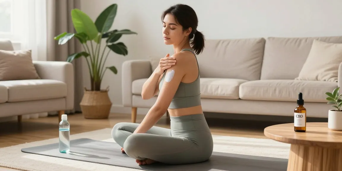 Ministry of Cannabis premium CBD oil resting on a wooden table next to a woman applying a topical cream after yoga in her sunlit living room.