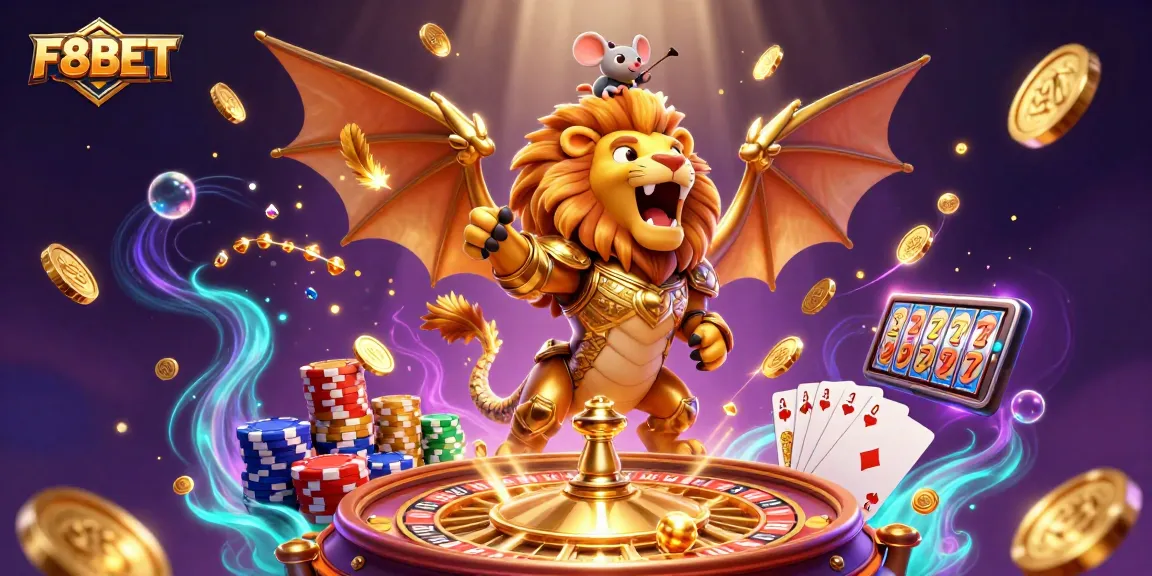 Experience thrilling gaming with F8BET's vibrant casino scene featuring a golden chimera and sparkling elements.