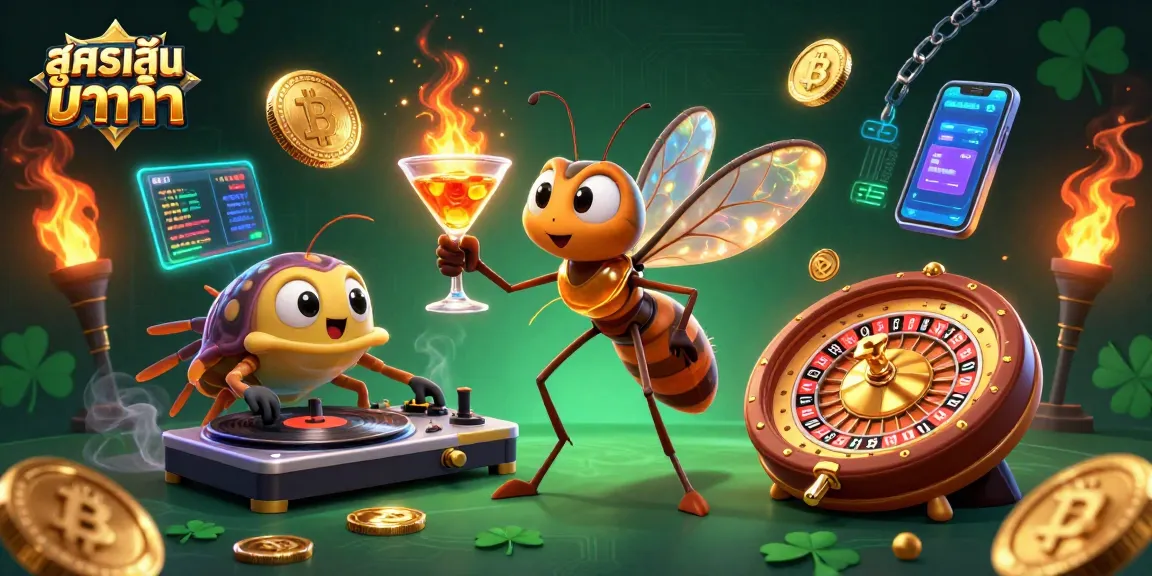 Engage with สูตรเล่นบาคาร่า as a lively casino mascot and trilobite DJ in a vibrant 3D illustrated scene.