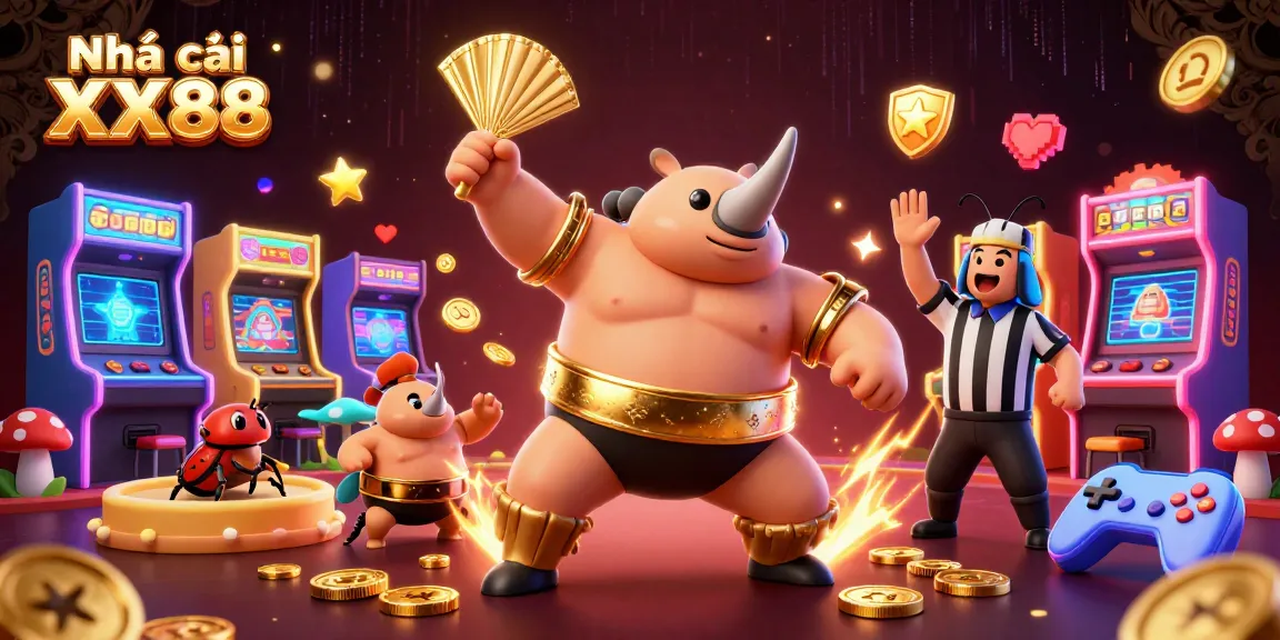 Experience the vibrant action at Nhà cái XX88 with a dynamic 3D gambling scene featuring a sumo champion and arcade elements.