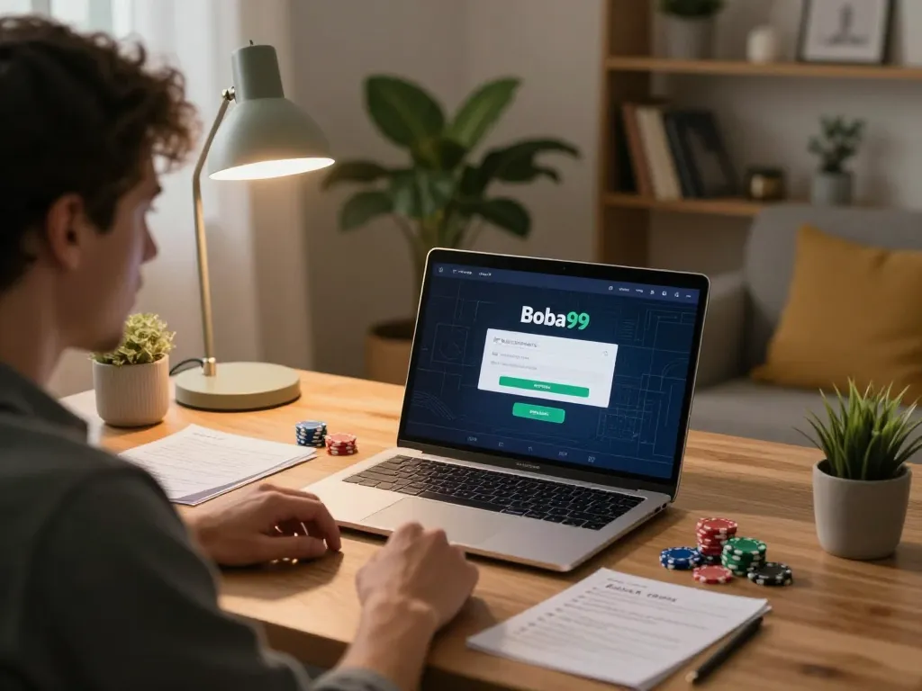 Layar login Boba99 saat seorang pemain menganalisis strategi permainan online mereka di lingkungan rumah yang nyaman.