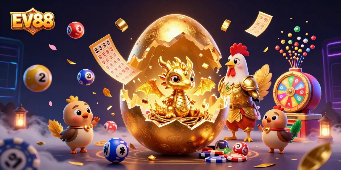 Experience the thrill of winning at EV88 with this vibrant golden casino illustration filled with excitement.