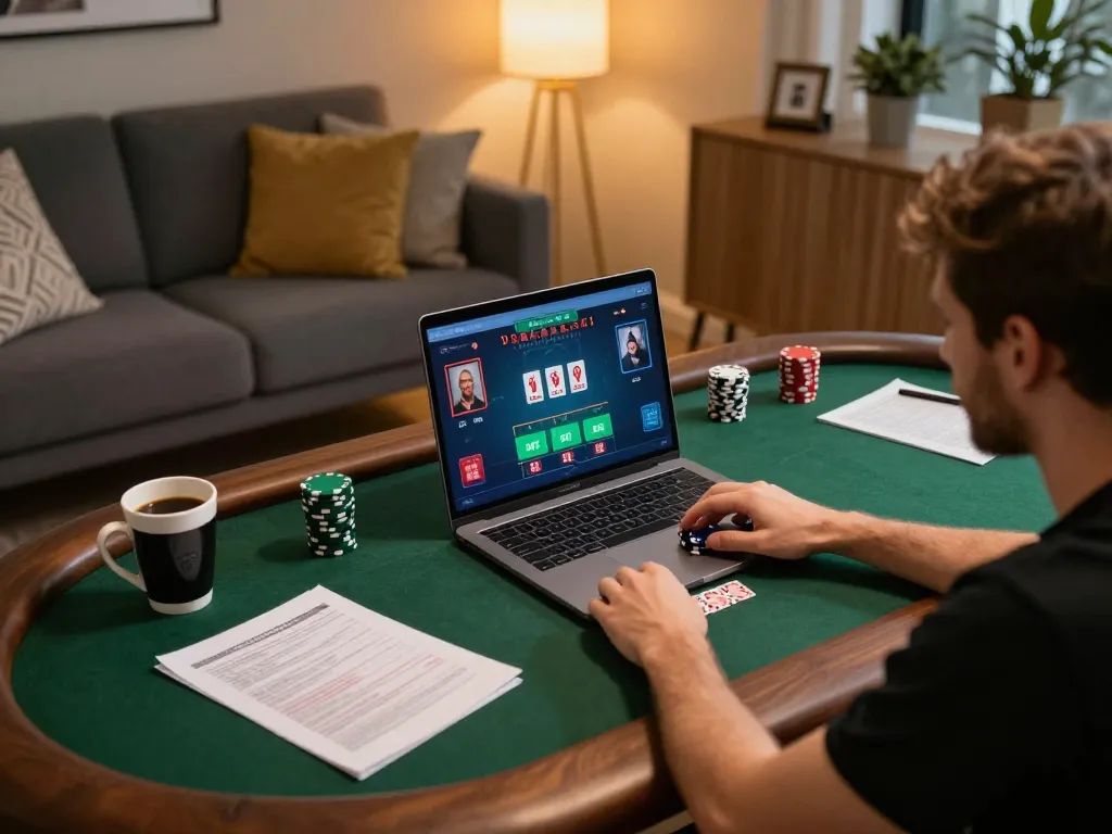 Engaging in keonhacai poker gaming strategy at home with laptop and notes