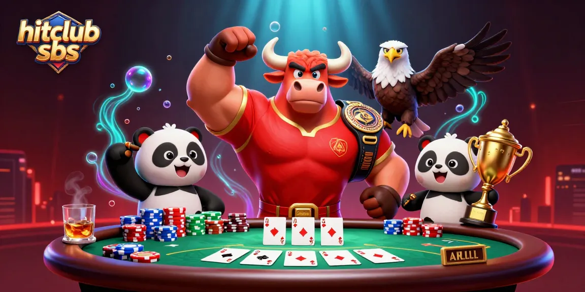 Hitclub SBS celebrates with a muscular bull mascot, eagle, and panda around a vibrant poker scene.