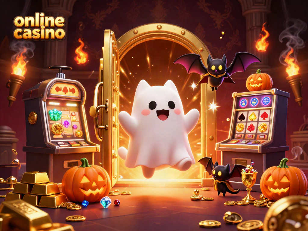 Engage in the excitement of an online casino with a ghost cat, bat companion, and sparkling treasures.