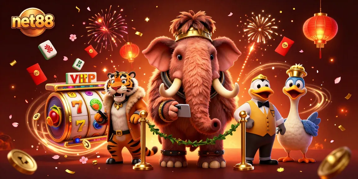 Experience the excitement at net88 casino with a vibrant scene of lively characters and festive elements.