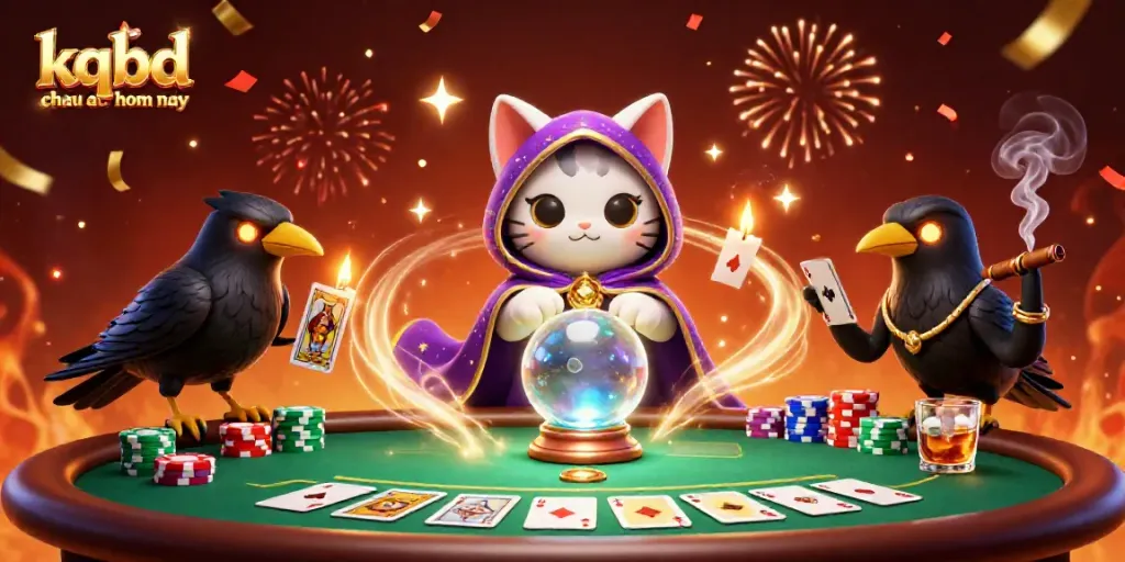Experience the excitement of kqbd chau au hom nay with mystical cat fortune teller and tarot raven at a vibrant poker scene