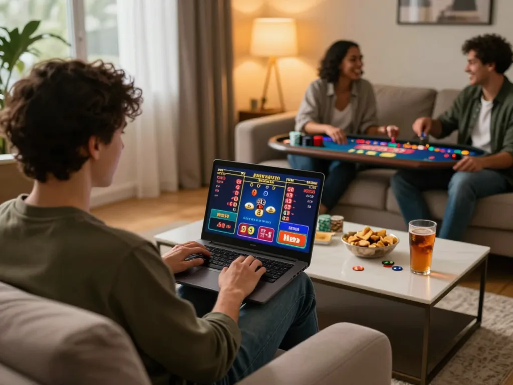 Engaging online casino experience at home with keonhacai5, showcasing live dealer games and comfortable setup.