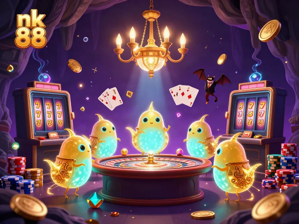 Bet on nk 88 in this vibrant cave casino scene bursting with glowing characters and gambling elements