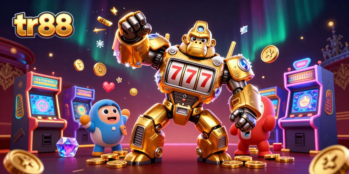Spin the reels with tr88’s golden gorilla mech, bursting with excitement in a vibrant casino scene.