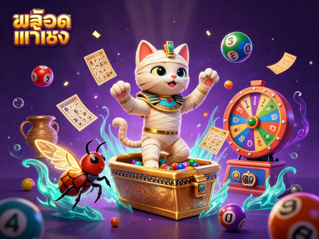 Engage with สล็อตแท้ตรง in a vibrant casino scene featuring a mummy cat and a scarab beetle.