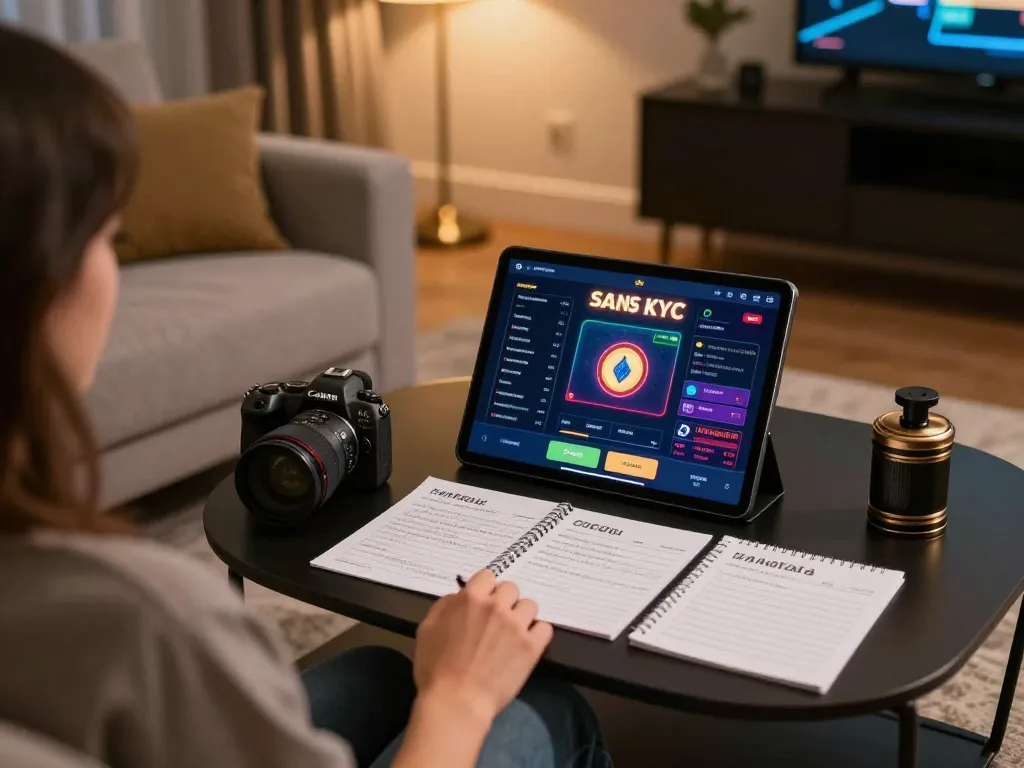 Participer à des jeux de casino crypto sans KYC 2026 sur tablette, mettant en avant un cadre domestique confortable avec un éclairage d'ambiance.