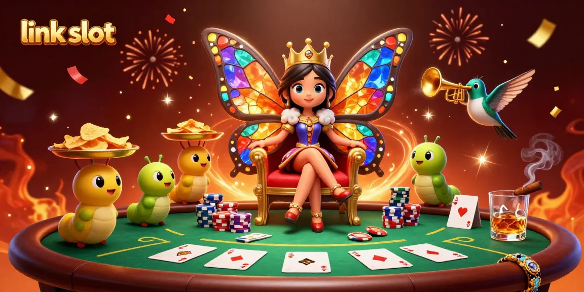 Kemenangan besar di link slot dengan karakter kasino yang meriah, slot dan chip berwarna-warni.