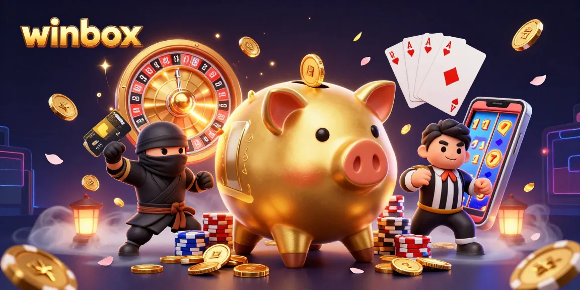 winbox gaming action featuring a dynamic sumo wrestler and ninja characters amidst cascading coins and vibrant casino elements