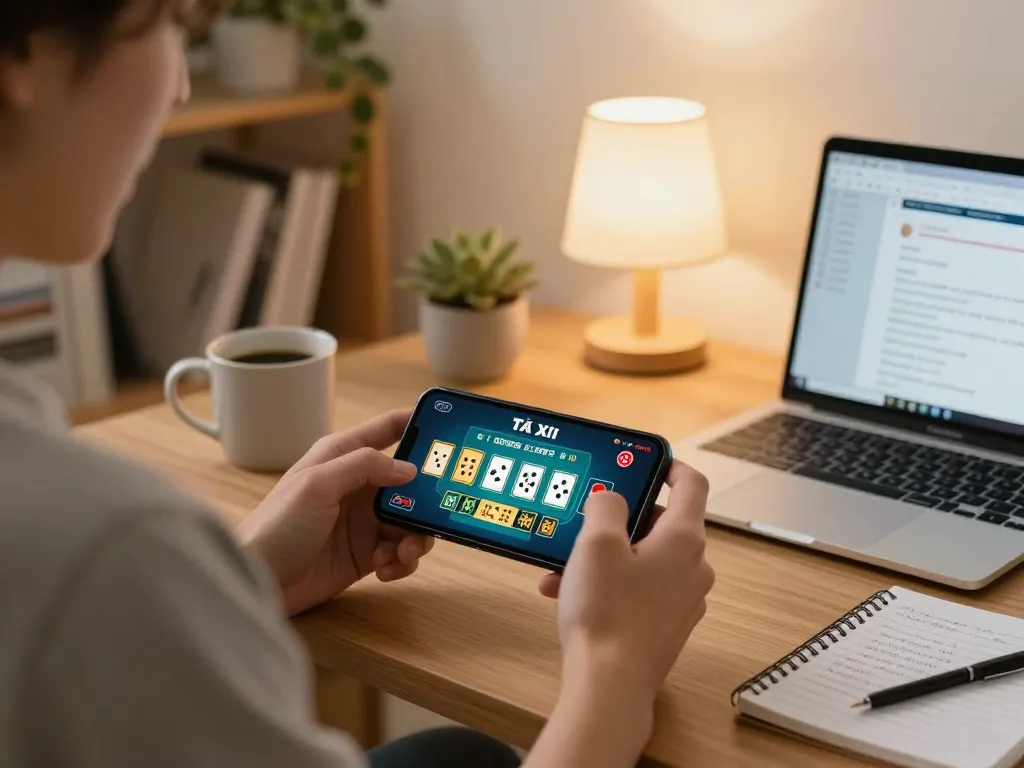 Player enjoying Tài Xỉu on mobile app in a relaxing home environment with strategic notes nearby