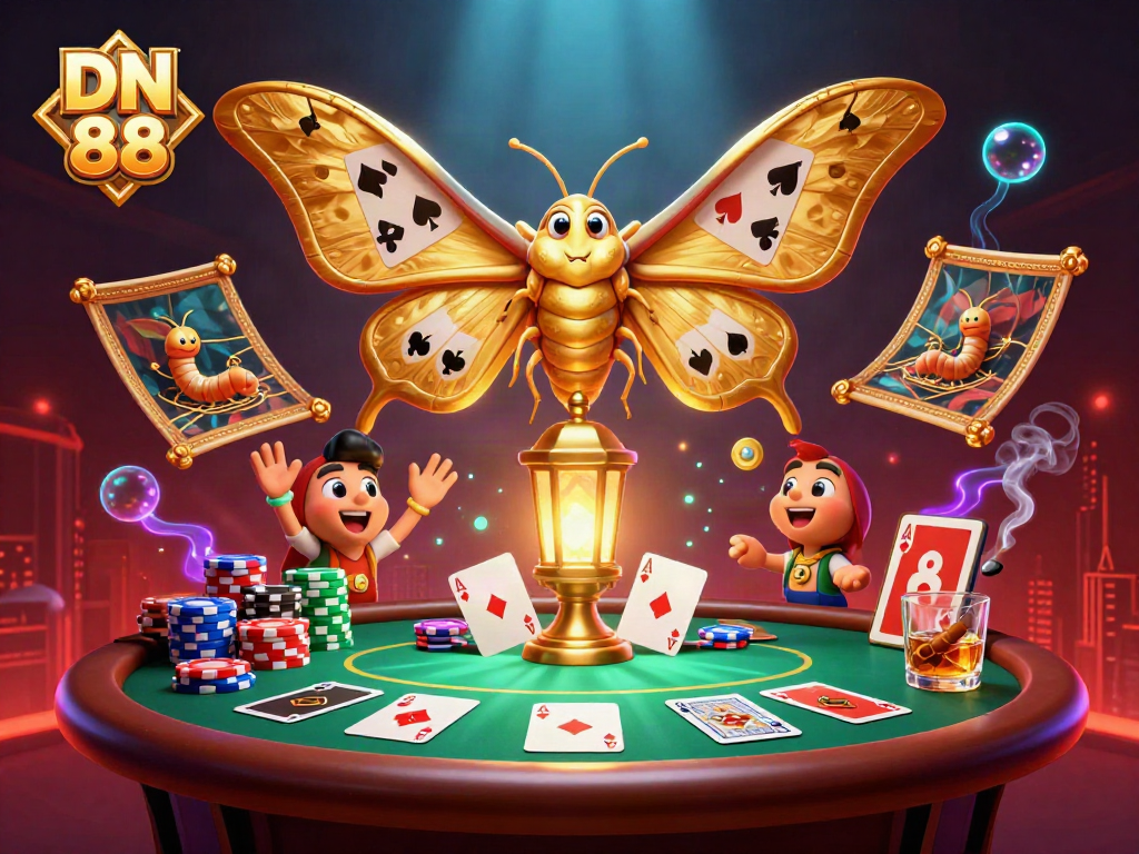 Experience the vibrant gaming atmosphere at DN 88 with an energetic casino-themed scene featuring a mystical moth.