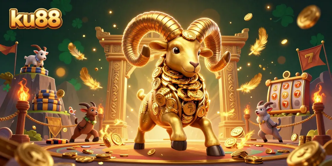 ku88 gaming illustration featuring a golden ram charging through a slot-filled arena