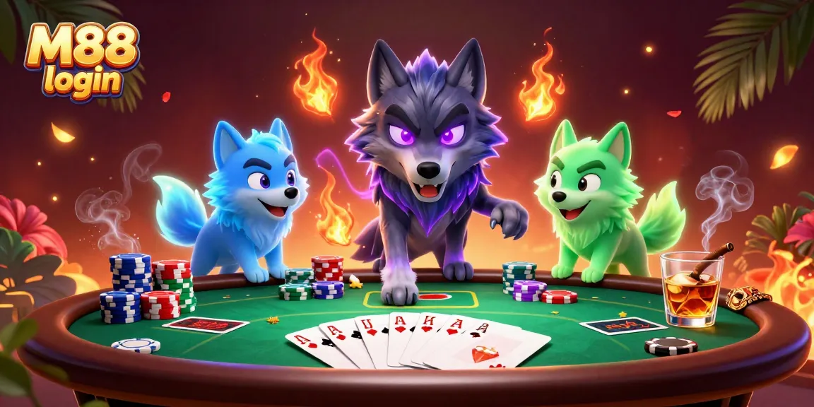 Engage with M88 login for an immersive poker experience featuring energetic wolf characters and vibrant casino elements.