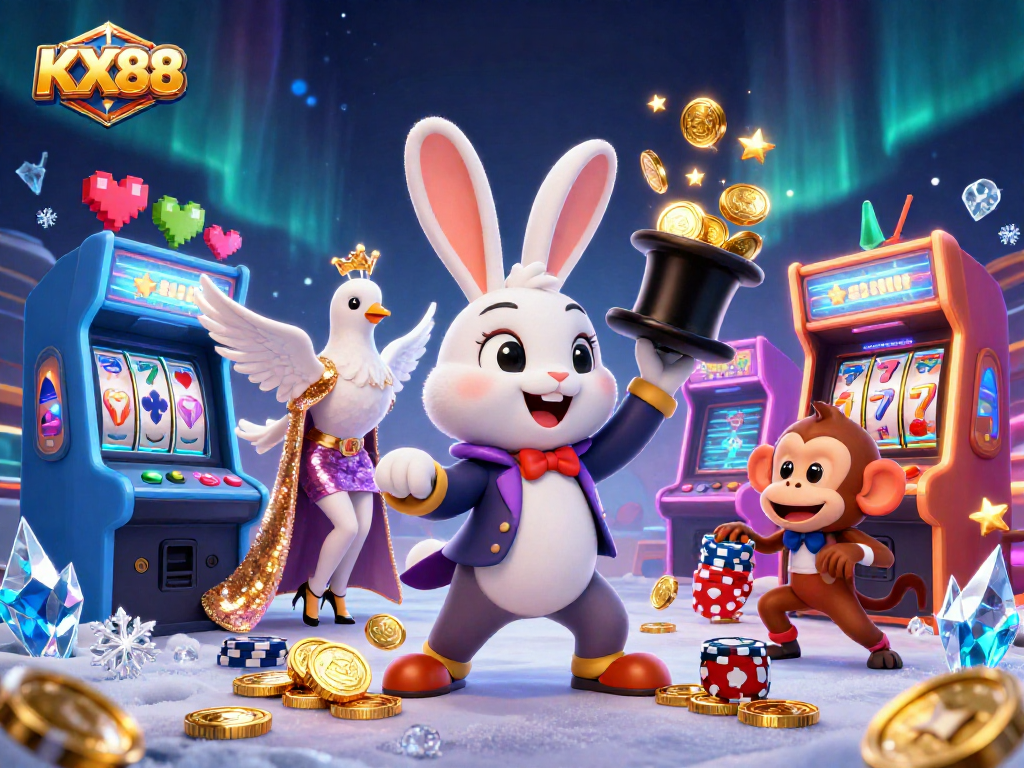 KX88 captivates with a 3D cartoon illustration featuring a magician rabbit, dove, and monkey in a vibrant casino scene.