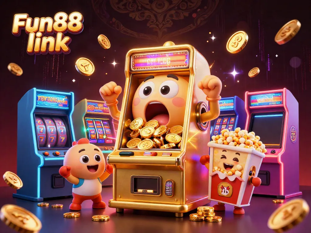 Experience the excitement of Fun88 link as the golden slot machine hits a jackpot, coins exploding everywhere!