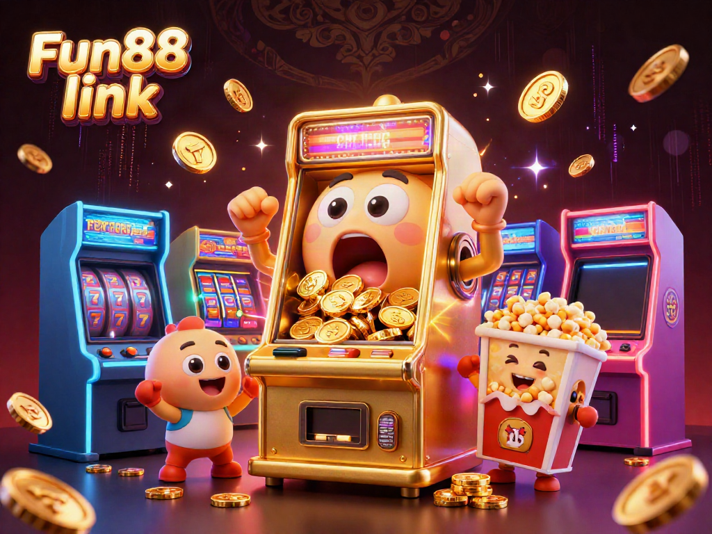 Experience the excitement of Fun88 link as the golden slot machine hits a jackpot, coins exploding everywhere!