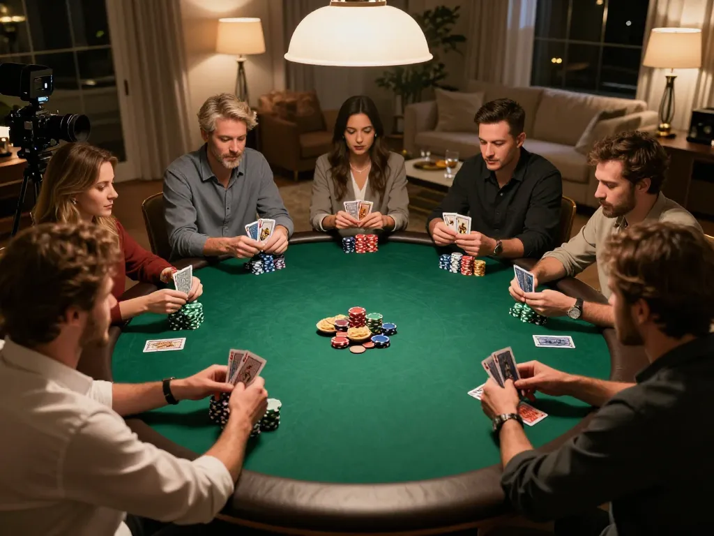Players engaging in an exciting poker game at home using the 888bgo casino app, showcasing an intimate and friendly atmosphere.
