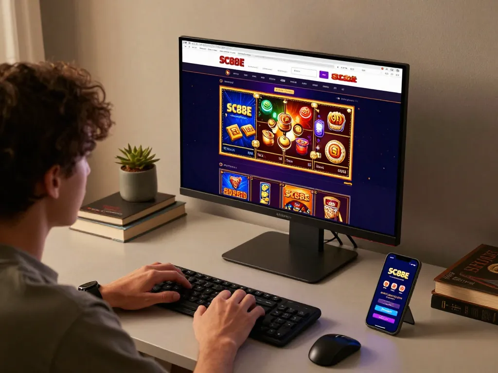 Engaged player exploring SC88E online games on desktop, mobile app visible in cozy environment