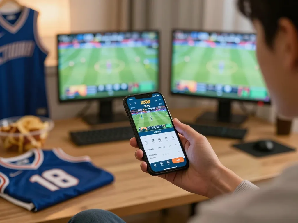 Experience the thrill of sports betting with XX88 TODAY on a mobile app in a cozy home setting.