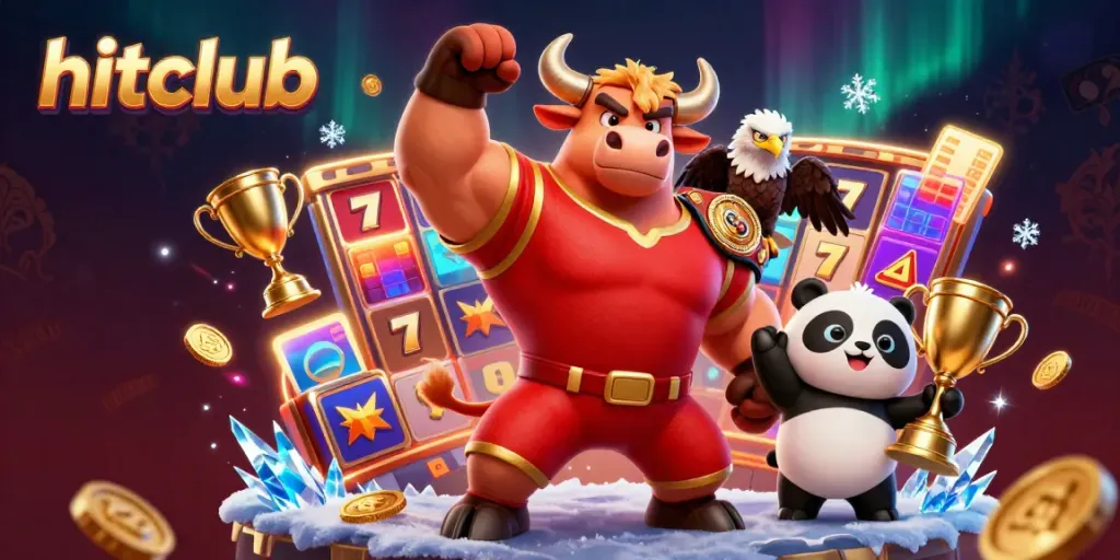 Hitclub presents a victorious bull mascot and eagle in a dynamic casino scene filled with slot machines and gold coins.