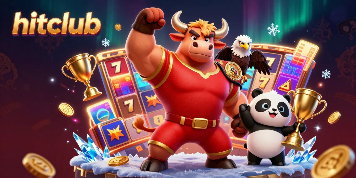 Hitclub presents a victorious bull mascot and eagle in a dynamic casino scene filled with slot machines and gold coins.