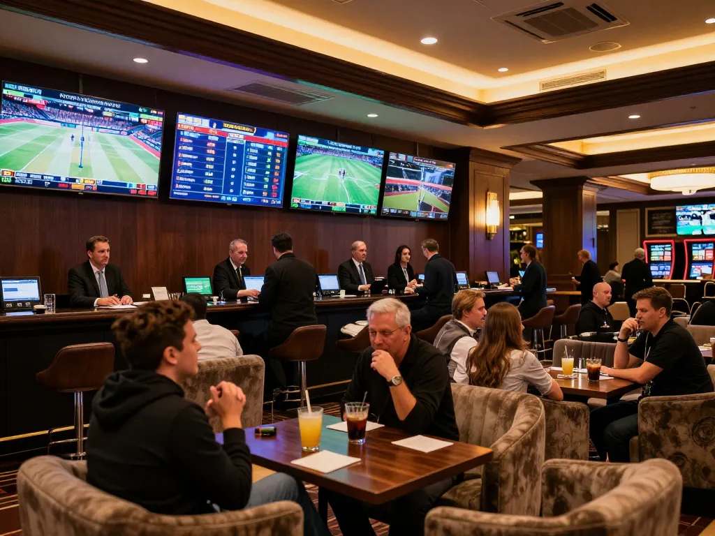 Guests engage in sports betting excitement at keonhacaii sportsbook lounge, displaying dynamic atmosphere and modern decor