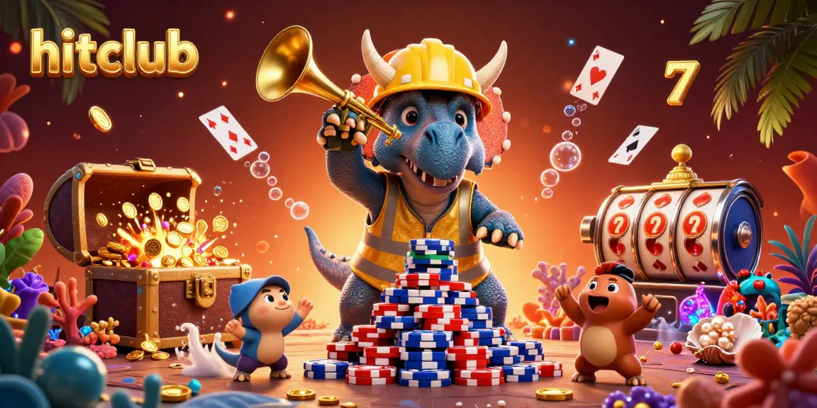 Hitclub celebrates with vibrant 3D characters and casino-themed elements amidst gold coins.