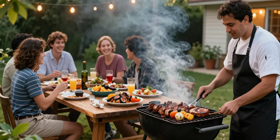 Barbecue kebab dan sayuran di BOS88 dengan suasana hangat dan ramai.
