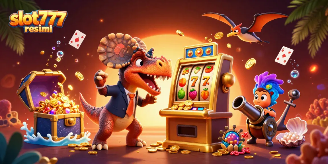 Experience the excitement of slot777 resmi as a dinosaur wins jackpots amidst a vibrant casino scene.