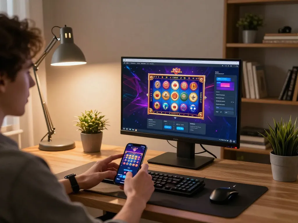 B52 Club player engaging with mobile slot game on smartphone in a cozy, stylish home office