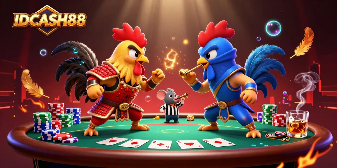 IDCASH88 features dynamic fighting roosters in an action-packed casino scene filled with poker elements.
