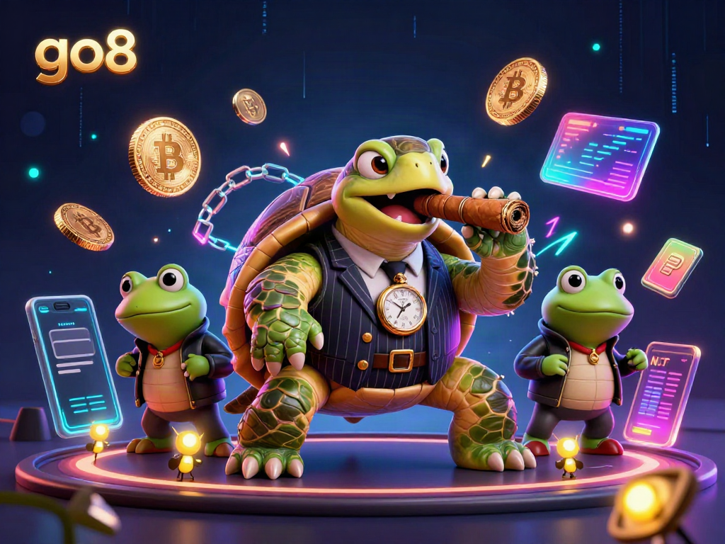 Experience go8 with a vibrant casino scene featuring a bold turtle and froggy enforcers amidst crypto icons.