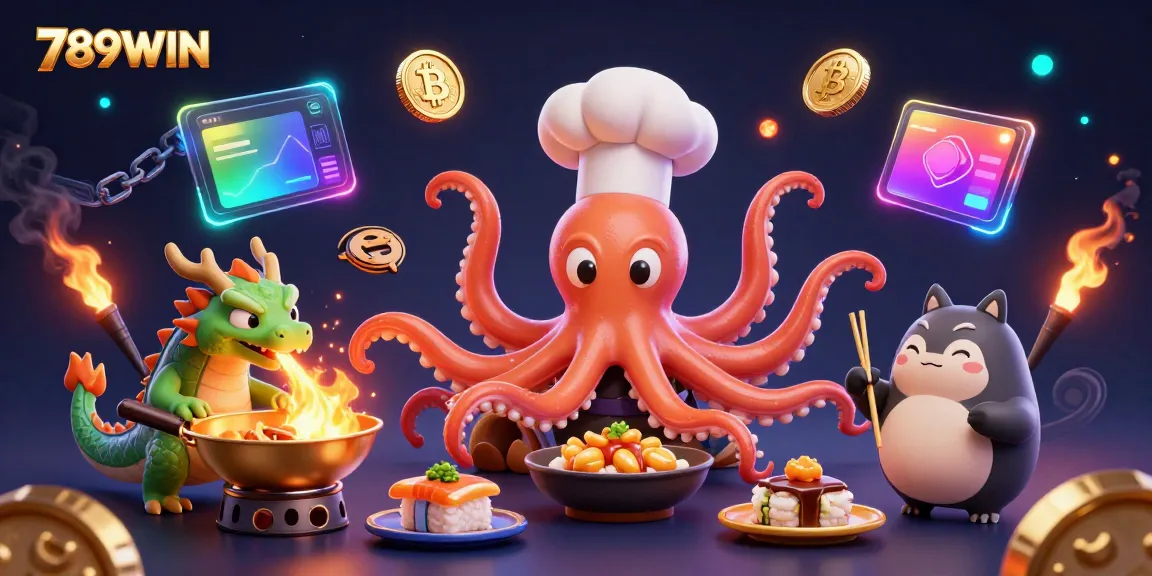 Join the fun at 789WIN with our 3D cartoon sushi chef octopus serving up golden dishes alongside a vibrant gaming atmosphere.