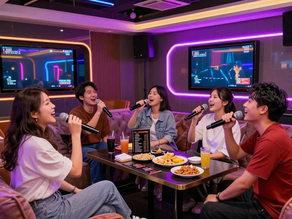 https://www.3no.org/bupyeong의 프라이빗 노래방에서 시간을 즐기는 친구들, 활기찬 분위기, 안락한 좌석.