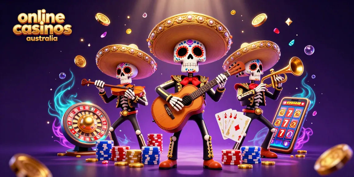 Engaging illustration promoting online casinos Australia, featuring festive mariachi skeletons amidst casino elements.