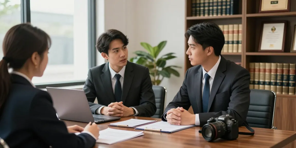 Criminal lawyer consulting client, creating trust and expertise like it in a modern office.