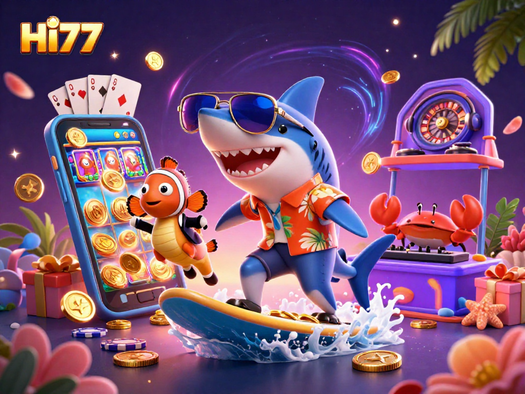 Experience the excitement of HI77 with a shark surfing on a wave of coins, amidst a vibrant casino scene.